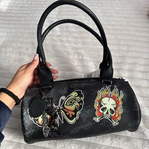 Ed Hardy Black Shoulder Bag with Skull and Butterfly